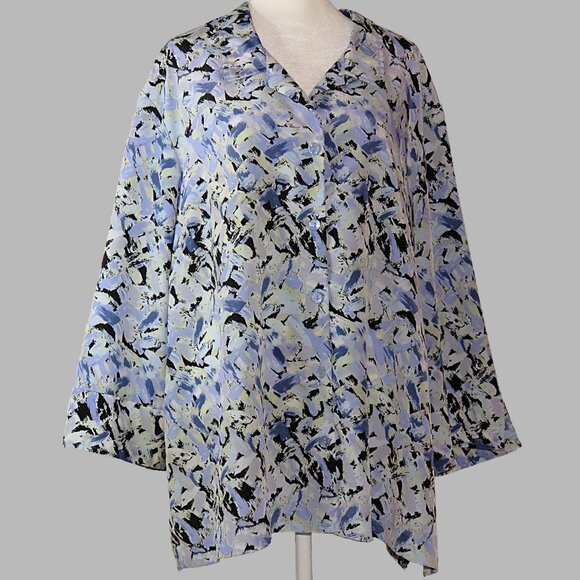 Blair Women's Blue Brush Stroke 3/4-Sleeve Button-Up Vintage Shirt Size 3XL C507 - Picture 2 of 6